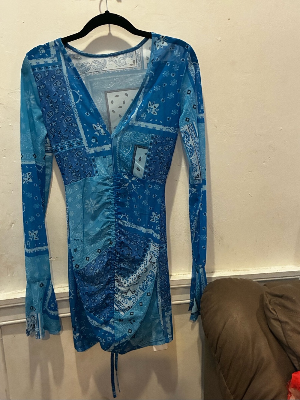 Blue Bandana Print Long Sleeve Ruched Mini Dress
